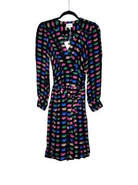 NWT Milly Silk Katy Wrap Dress Lip Print Black Long-Sleeve Italian Fabric 2